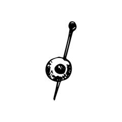 Vector olive on a stick for Italian cuisine design, cocktail or restaurant menu or cosmetic products packaging wrapper. Hand drawn Illustration, isolated on white backdrop.