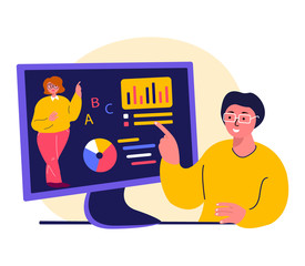 Business Conference.Webinar,Seminar,Lesson,Working Online.Students,Copywriters,Telework Freelancers.Remote Workplace.Distance Job Project.Virtual Chat.Internet,Laptop Computer.Flat Vector Illustration