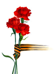 Watercolor illustration. Three red carnations with a St. George ribbon. Victory Day. Postcard.