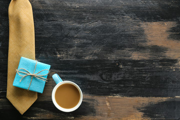 Father's day greeting card concept. Close up composition with symbolic objects on textured background with a lot of copy space for text. Top view, flat lay.