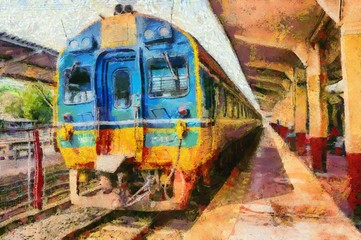 Diesel trains of Thai trains parked at the train station Illustrations creates an impressionist style of painting.