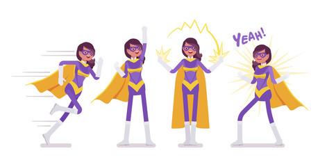 Female super hero in attractive costume with cloak. Effective wonder warrior, superpower sexy woman with superior combat, battle skills, successful lady. Vector flat style cartoon illustration