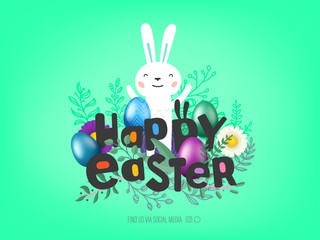 Happy Easter vector cover. Greeting card with comic style inscription
