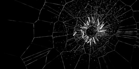 Loch und Risse in Glas nach Einschlag vor schwarz