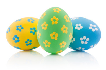 Fototapeta na wymiar Three colorful handmade Easter egg isolated on white background.