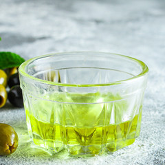 olive oil appetizer olives, cold pressed, 
menu concept food background. top view. copy spaces for text for text
keto or paleo diet