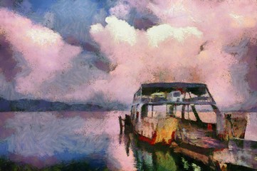 The sea and the sky where the ferry is parked Illustrations creates an impressionist style of painting.