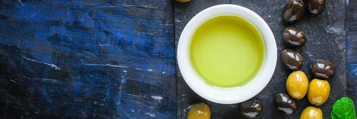 olive oil appetizer olives, cold pressed, 
menu concept food background. top view. copy spaces for text for text
keto or paleo diet