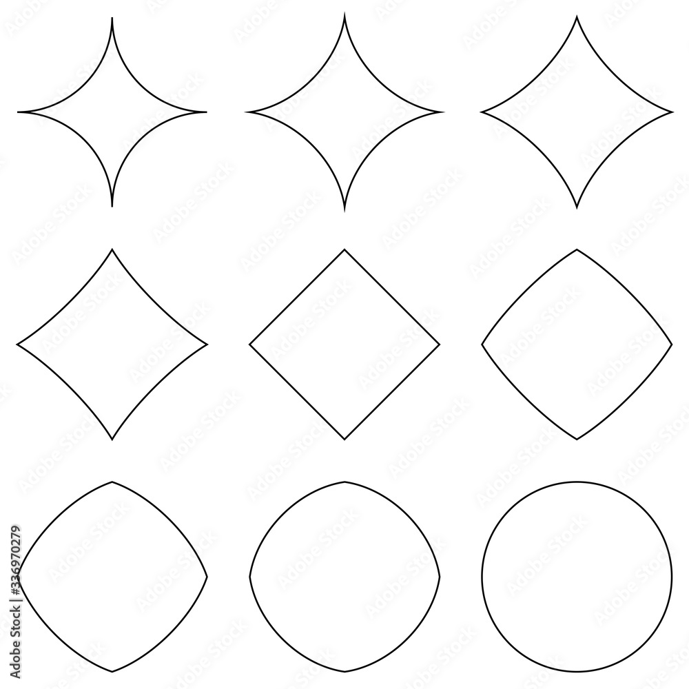 Aufkleber set geometric shapes, transition from star to circle and square, vector geometric shapes for design,