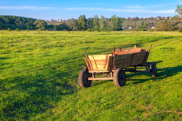 Fototapeta na wymiar rural scene with wooden carriage on the meadow