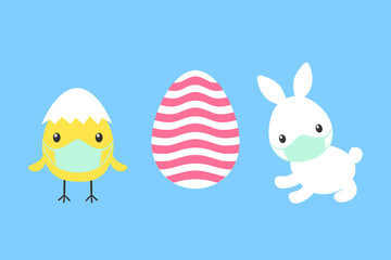 Easter Bunny and Easter chicken with a medical mask on their faces. Easter and quarantine 2020
