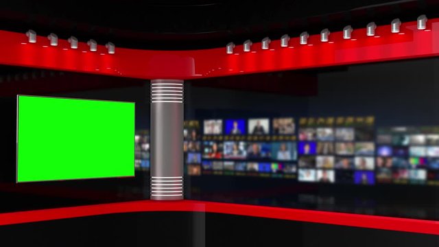 Tv Studio. Studio. News studio.Blue background. Newsroom Background for News Broadcasts. Blurred of studio at TV station. News channel design. Control room. 3D rendering