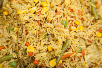 Closeup of basmati rice and vegetable mix