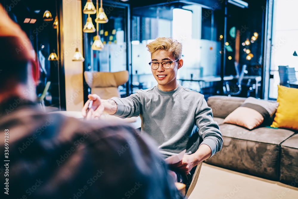 Poster japanese male student in optical spectacles for provide eyes protection explaining course work infor