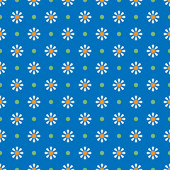 Chamomile geometric seamless pattern. Isolated daisy on dark blue background, abstract simple flower design. Modern minimal design. Vector illustration perfect for graphic design ,textiles, print etc.