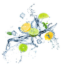 Falling fresh citrus fruits, crystal ice cubes, mint and splashing water on white background