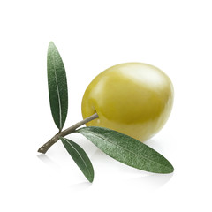 Single green olive, isolated on white background