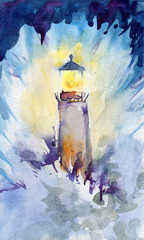 Lighthouse watercolor illustration hand drawn. Beacon against the background of the sea, waves beating the base, sea beam. Can be used for cards or background.
