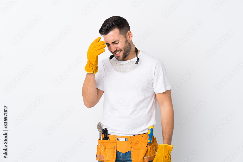 Poster Craftsmen or electrician man over isolated white background laughing