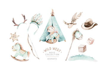 Western baby boy cowboy in cowboy hat on hay bales watercolor illustration. Cartoon sheriff ans American tribes teepee design. Wild West birthday invitation