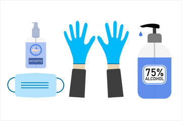 Coronavirus sterilization kit. Medical mask, gloves, antiseptic.