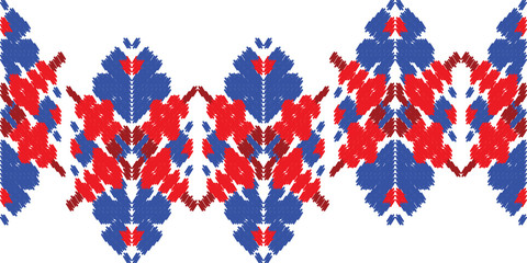 Fototapeta premium Red and blue embroidery ornament. Fashion texture for fabric textile.