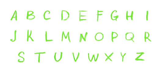 Alphabet letters written with colourful lipstick chalk pencil paint green isolated on white background
