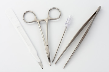 Close up of medical instruments on white background. Instruments  is used for cannulation of central venous catheter in ICU in hospital.