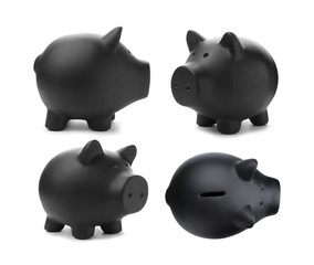 Set with black piggy bank on white background