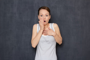 Studio portrait of shocked woman with widened eyes and open mouth