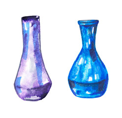 Two watercolor bottles without labels of simple shape. Isolated on a white background.