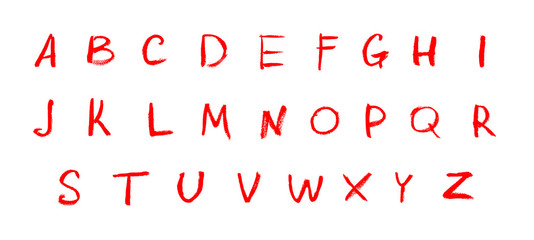 Alphabet letters written with colourful lipstick chalk pencil paint bright red isolated on white background