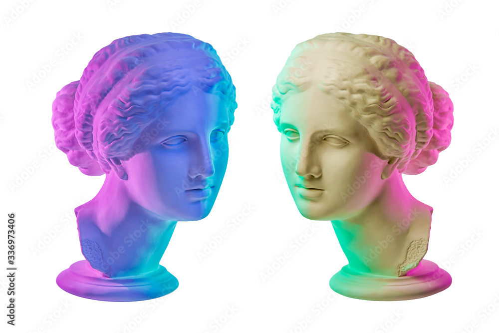 Wall mural Statue of Venus de Milo. Creative concept colorful neon image with ancient greek sculpture Venus or Aphrodite head. Webpunk, vaporwave and surreal art style. Isolated on a white.