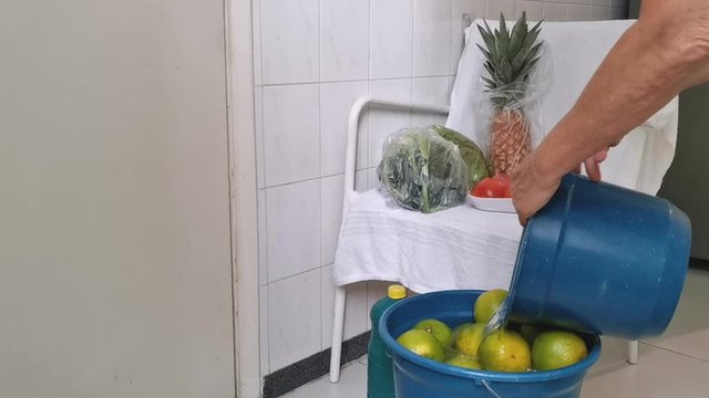 Quarantine. Pandemic. Woman unpacks and disinfects the fruits and vegetables so that her family is not contaminated. Taking care of viruses.