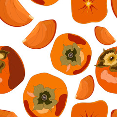 Seamless pattern with persimmon whole and slices of persimmons. Vector illustration of fruit persimmon isolated on white background for poster, emblem natural product, farmers market, textile and etd.