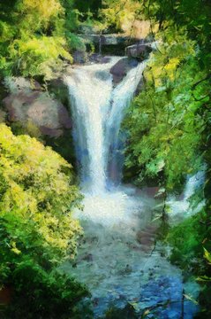 Waterfall in the forest Illustrations creates an impressionist style of painting.
