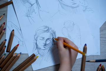 Sketch pencil drawing, face of a young guy. Sketch idea