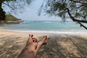 happy sitting relaxing resting idea guiding travelling planning stuff accessories 
items long weekend idea at beautiful sky tropical beach paradise coconut palm tree PP Island Krabi Phuket Thailand