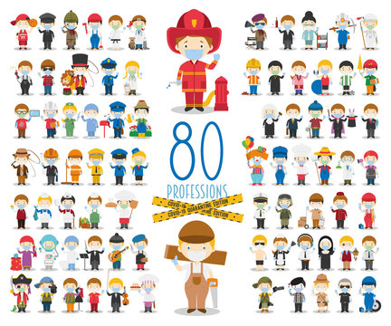Covid 19 Health Emergency Special Edition: Set of 80 different professions with surgical masks and latex gloves in cartoon style .