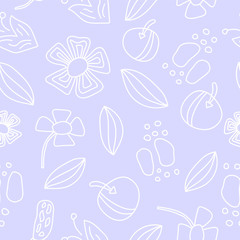Seamless pattern with leaves, stones, flowers, batterfly, grass. white elements at grey. Cute and funny. For children textile, scrapbooking, wallpaper and wrapping paper. Spring and summer ornament.
