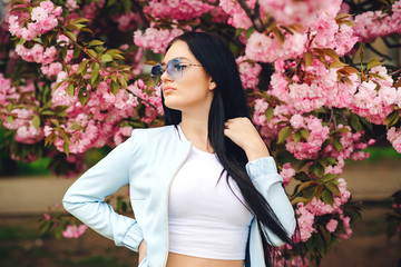Stylish beautiful girl in glasses. Spring day. Beautiful cherry blossom sakura in spring time. Spring pink sakura blossom. Fashionable girl in trendy glasses.