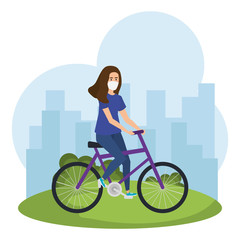 young woman with face mask in bike vector illustration design