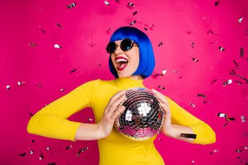 Photo of funny excited lady student party nightclub hold disco ball dancing queen confetti fall...