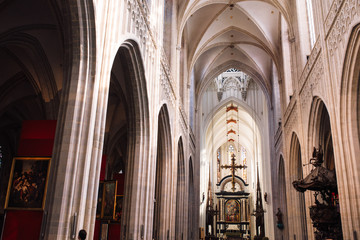 Antwerp, Belgium interior arches and vaulted ceiling of the Cathedral of our lady