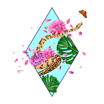 python and butterfly with rhomb frame. dahlia flowers with monstera leaves. Print for t-shir.