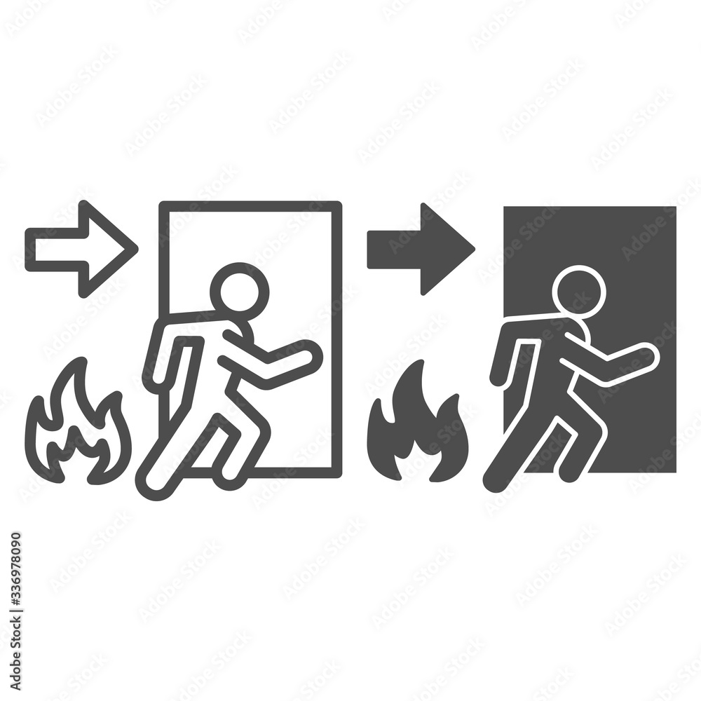 Aufkleber fire exit line and solid icon. emergency evacuation outline style pictogram on white background. fla