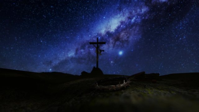Crucifixion of Jesus Christ with thorn crown, nails, hammer and a rope against milky way starry sky, 4K