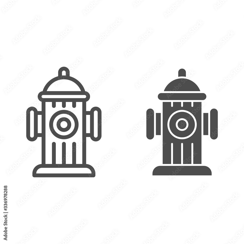Poster hydrant line and solid icon. fireplug or street water pipe outline style pictogram on white backgrou