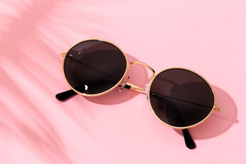 round shape black sunglasses on pink background with tropical leaf shadow - Image