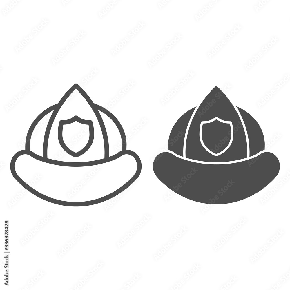Poster firefighter helmet line and solid icon. fireman protection hat with shield emblem outline style pict